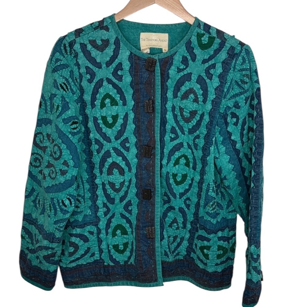 The Territory Ahead Green Blue Suzani Square Button Jacket Women Size L BLEMISH